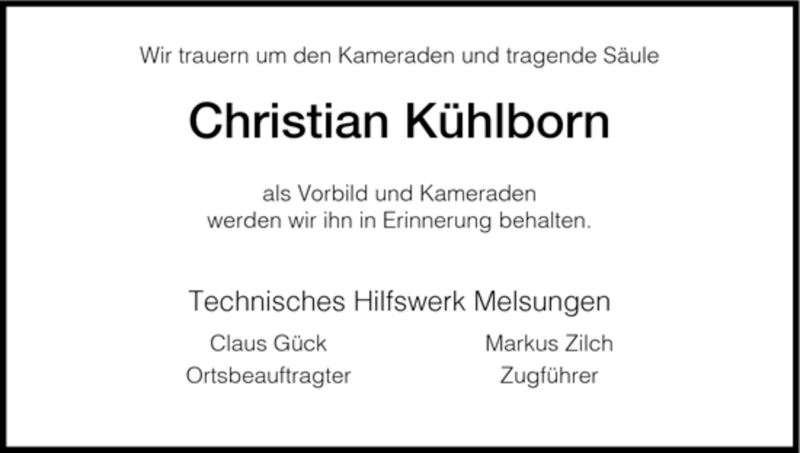  Traueranzeige für Christian Kühlborn vom 16.01.2008 aus HNA