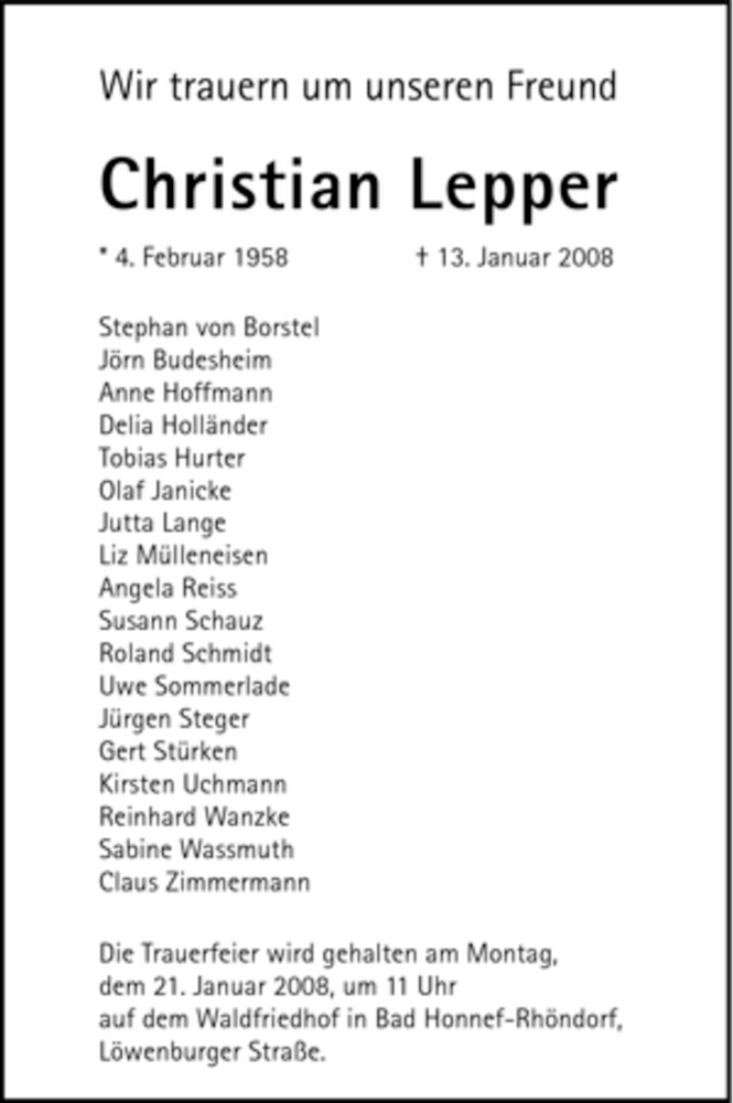  Traueranzeige für Christian Lepper vom 17.01.2008 aus HNA