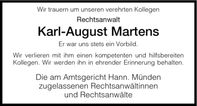  Traueranzeige für Karl-August Martens vom 19.01.2008 aus HNA