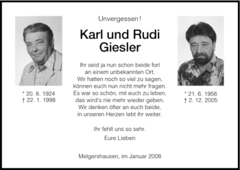 Traueranzeige von Karl & Rudi Giesler von HNA