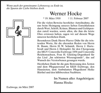Traueranzeige von Werner Hocke von HNA