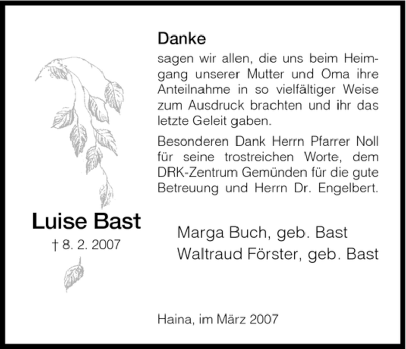  Traueranzeige für Luise Bast vom 10.03.2007 aus HNA