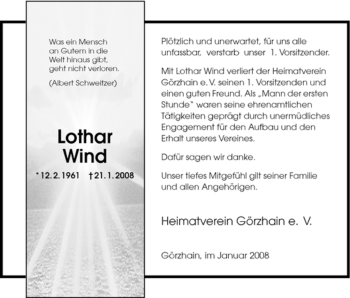 Traueranzeige von Lothar Wind von HNA