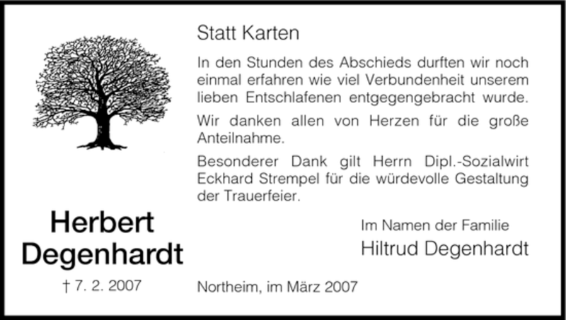  Traueranzeige für Herbert Degenhardt vom 10.03.2007 aus HNA