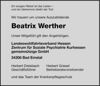 Traueranzeige von Beatrix Werther von HNA