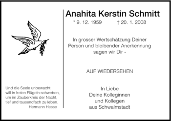 Traueranzeige von Anahita Kerstin Schmitt von HNA