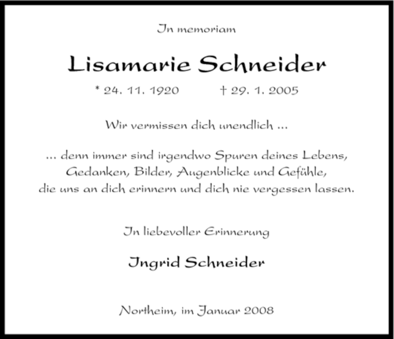  Traueranzeige für Lisamarie Schneider vom 26.01.2008 aus HNA