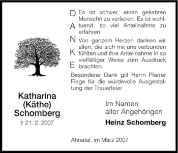 Traueranzeige von Katharina Schomberg von HNA