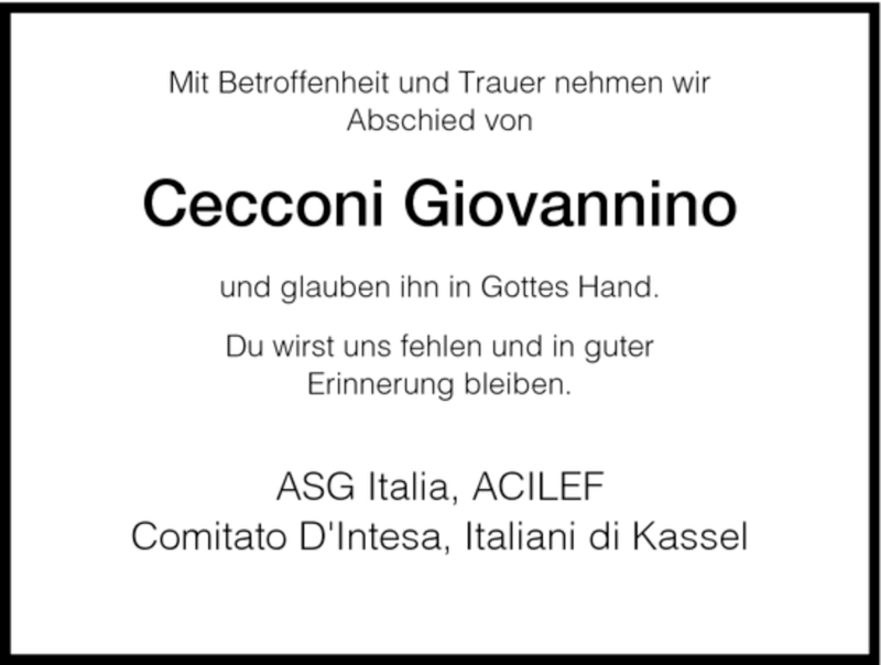  Traueranzeige für Cecconi Giovannino vom 30.01.2008 aus HNA