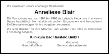 Traueranzeige von Anneliese Blair von HNA