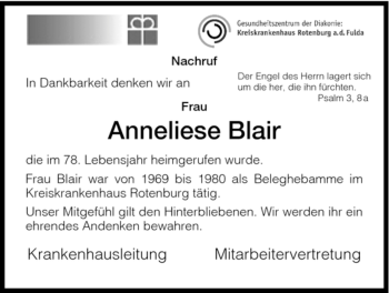 Traueranzeige von Anneliese Blair von HNA