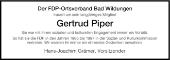 Traueranzeige von Gertrud Piper von HNA