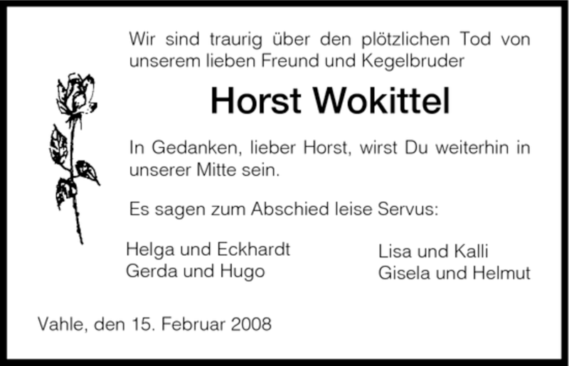  Traueranzeige für Horst Wokittel vom 15.02.2008 aus HNA
