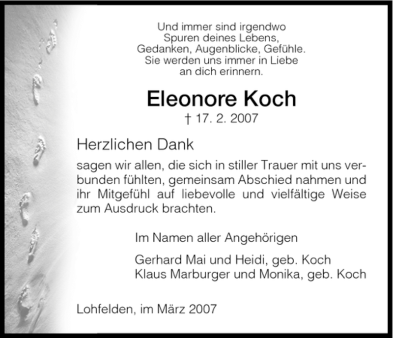  Traueranzeige für Eleonore Koch vom 17.03.2007 aus HNA