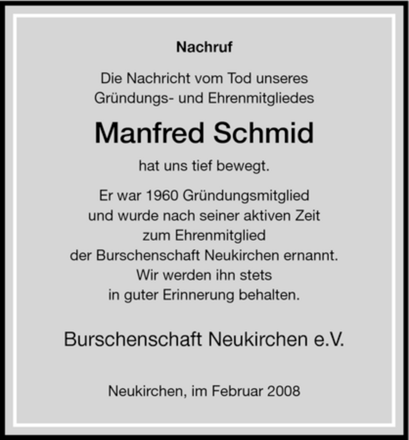  Traueranzeige für Manfred Schmid vom 21.02.2008 aus HNA