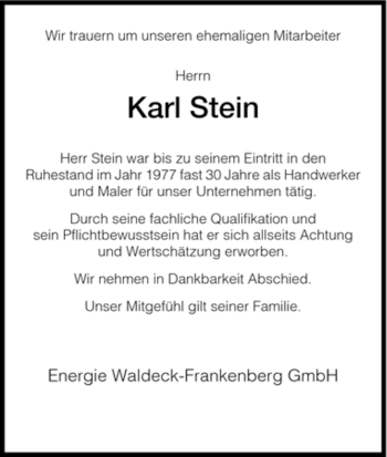Traueranzeige von Karl Stein von HNA