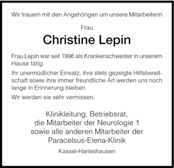 Traueranzeige von Christine Lepin von HNA