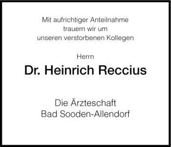 Traueranzeige von Heinrich Reccius von HNA