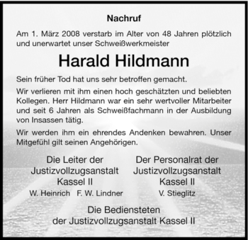 Traueranzeige von Harald Hildmann von HNA