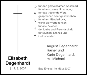 Traueranzeige von Elisabeth Degernhardt von HNA