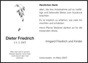 Traueranzeige von Dieter Friedrich von HNA