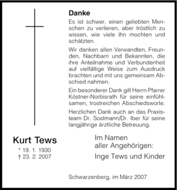 Traueranzeige von Kurt Tews von HNA