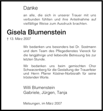 Traueranzeige von Gisela Blumenstein von HNA