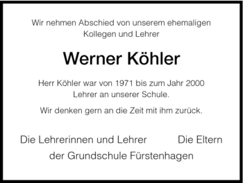 Traueranzeige von Werner Köhler von HNA