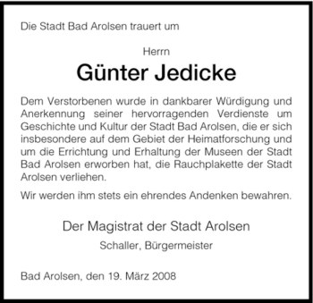 Traueranzeige von Günter Jedicke von HNA