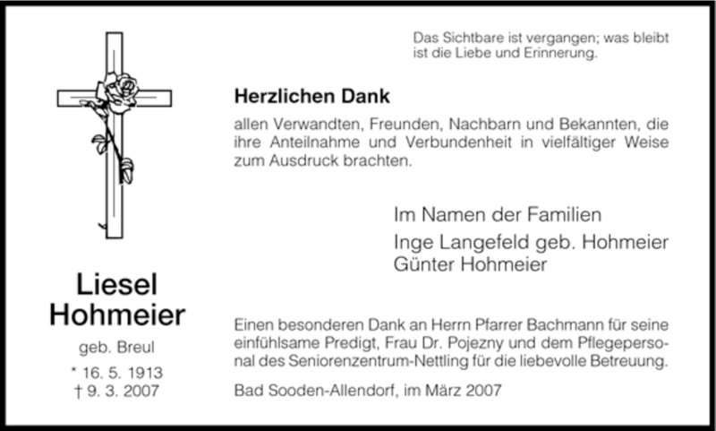  Traueranzeige für Liesel Hohmeier vom 29.03.2007 aus HNA