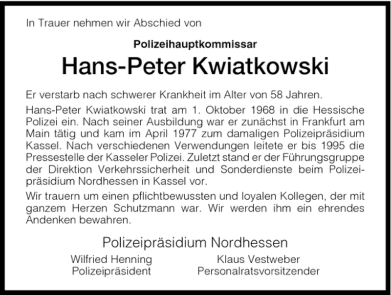  Traueranzeige für Hans-Peter Kwiatkowski vom 01.04.2008 aus HNA
