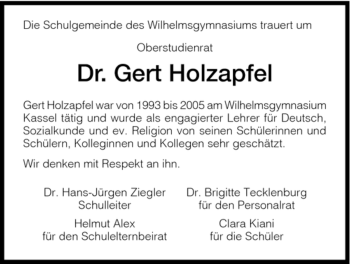 Traueranzeige von Gert Holzapfel von HNA