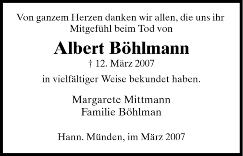  Traueranzeige für Albert Böhlmann vom 31.03.2007 aus HNA