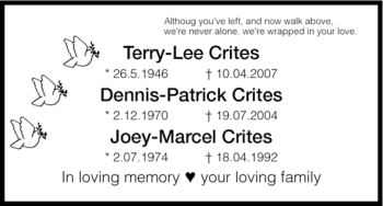 Traueranzeige von Terry-Lee, Dennis-Patrick, Joey-Marcel Crites von HNA