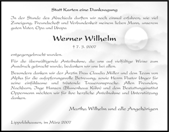 Traueranzeige von Werner Wilhelm von HNA