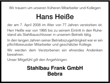 Traueranzeige von Hans Heiße von HNA