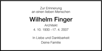 Traueranzeige von Wilhelm Finger von HNA