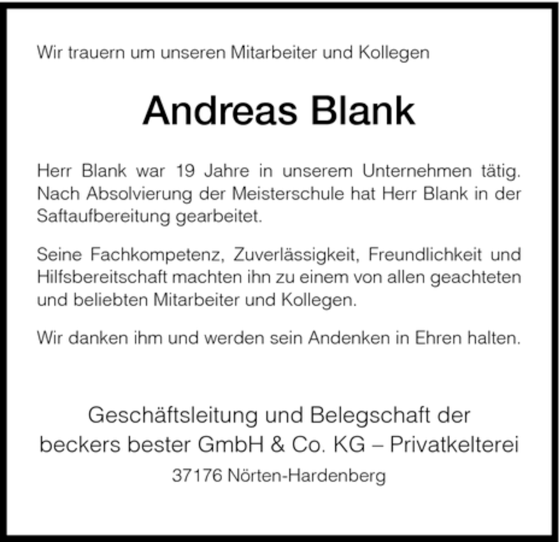  Traueranzeige für Andreas Blank vom 22.04.2008 aus HNA