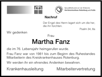 Traueranzeige von Martha Fanz von HNA