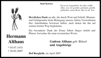 Traueranzeige von Hermann Althaus von HNA