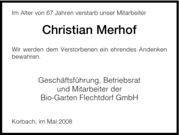 Traueranzeige von Christian Merhof von HNA