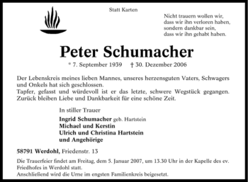 Traueranzeige von Peter Schumacher von HNA