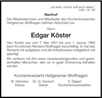 Traueranzeige von Edgar Köster von HNA