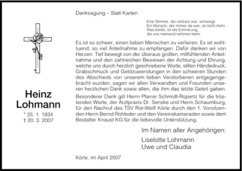 Traueranzeige von Heinz Lohmann von HNA