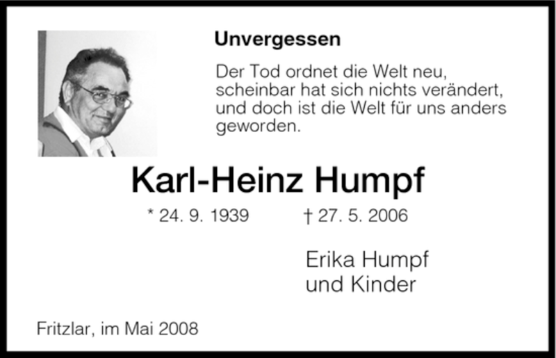  Traueranzeige für Karl-Heinz Humpf vom 27.05.2008 aus HNA