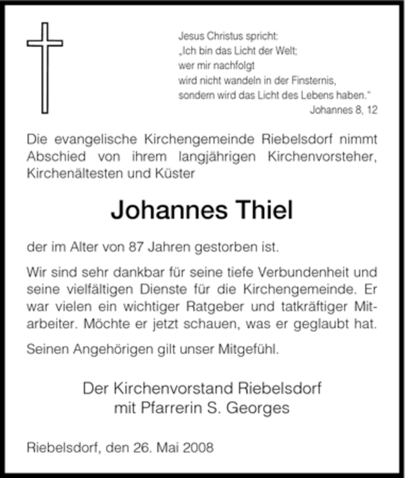  Traueranzeige für Johannes Thiel vom 27.05.2008 aus HNA