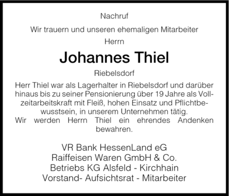  Traueranzeige für Johannes Thiel vom 29.05.2008 aus HNA