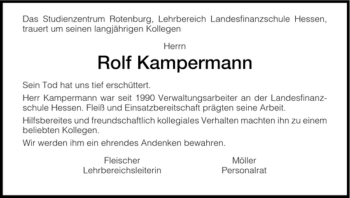 Traueranzeige von Rolf Kampermann von HNA
