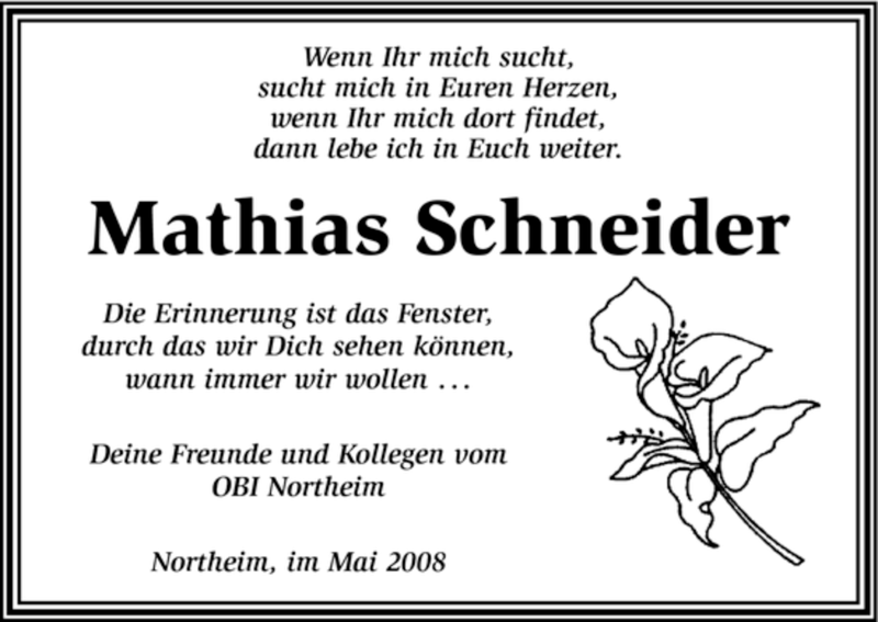  Traueranzeige für Mathias Schneider vom 31.05.2008 aus HNA