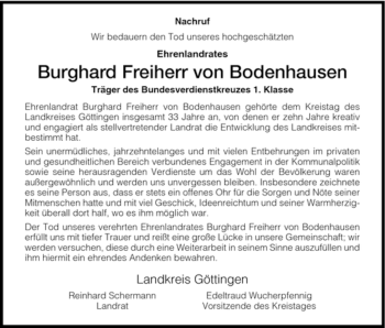Traueranzeige von Burghard Freiherr von Bodenhausen von HNA